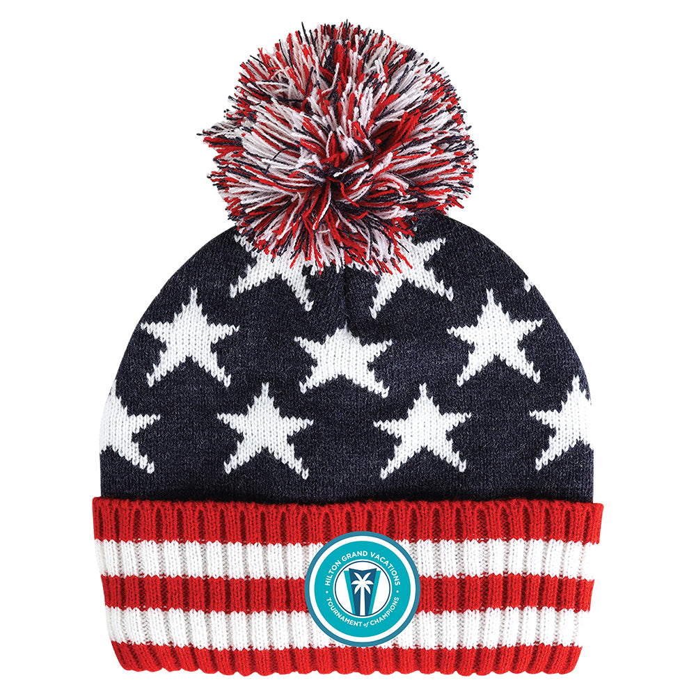 Ahead WILLIAMSBURG Acrylic Knit Stars Stripe Pom Lined Beanie (Red/Navy/White)