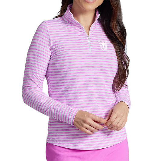 IBKUL Landon Stripe II Print Long Sleeve Mock Neck Top (Light Pink/White)